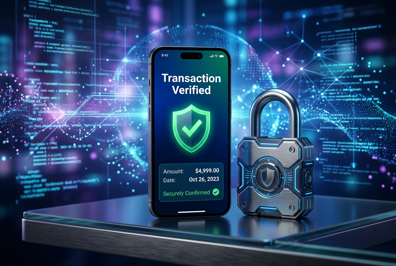 Conceptual representation of digital security and encrypted mobile payments.