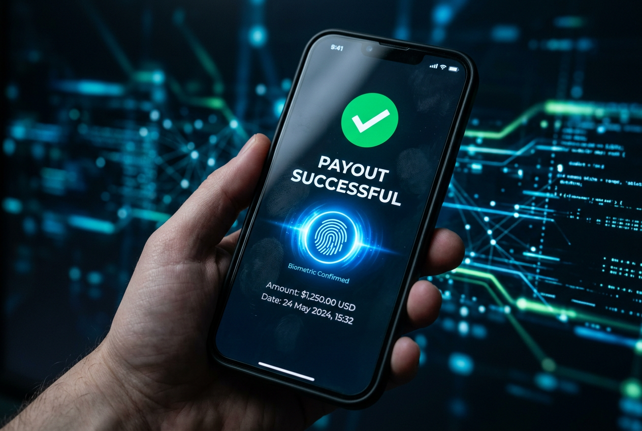 A smartphone screen showing biometric authentication for a secure payout.