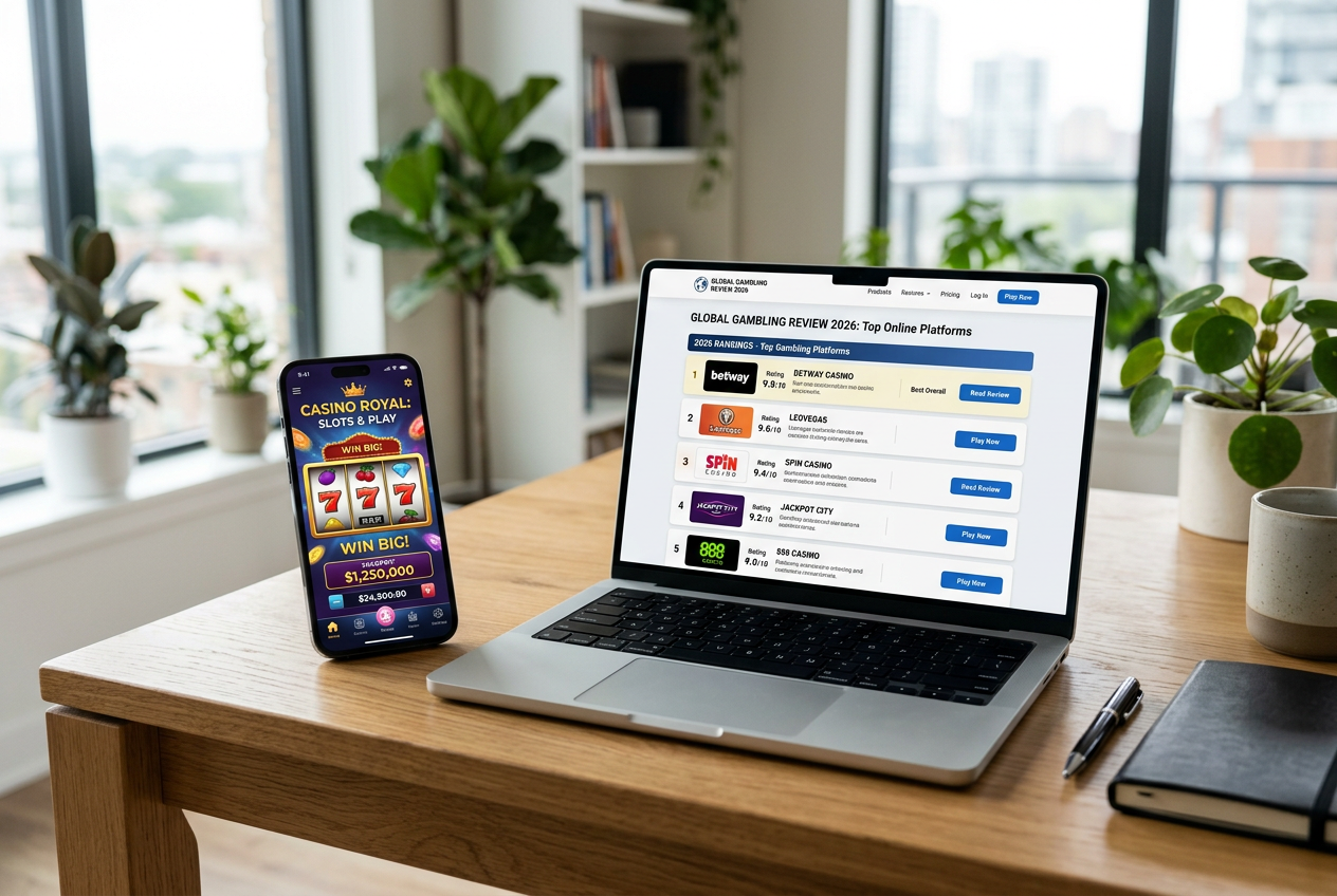 Table with a smartphone and laptop showing online casino rankings