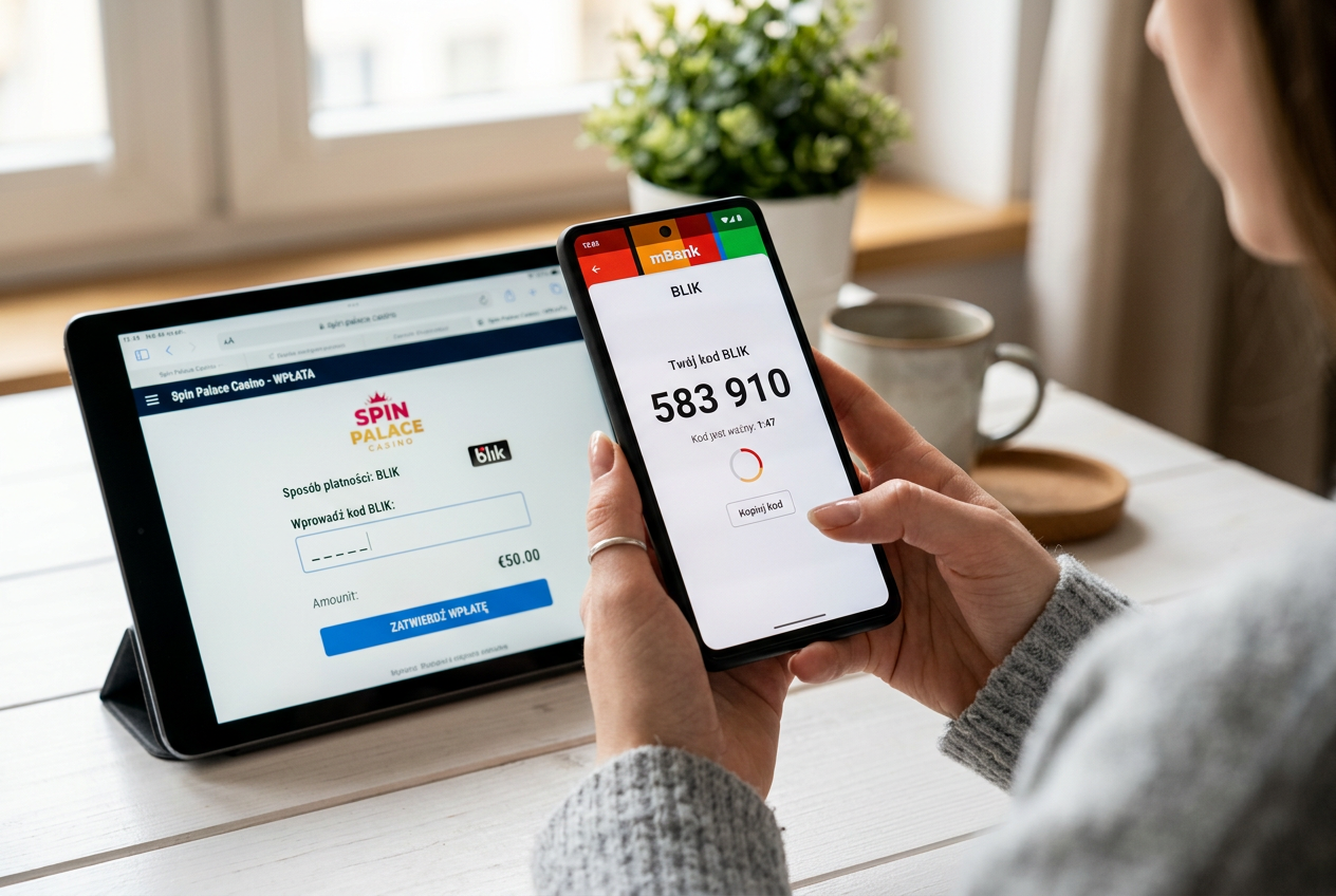 User hands holding a phone displaying a BLIK mobile payment code