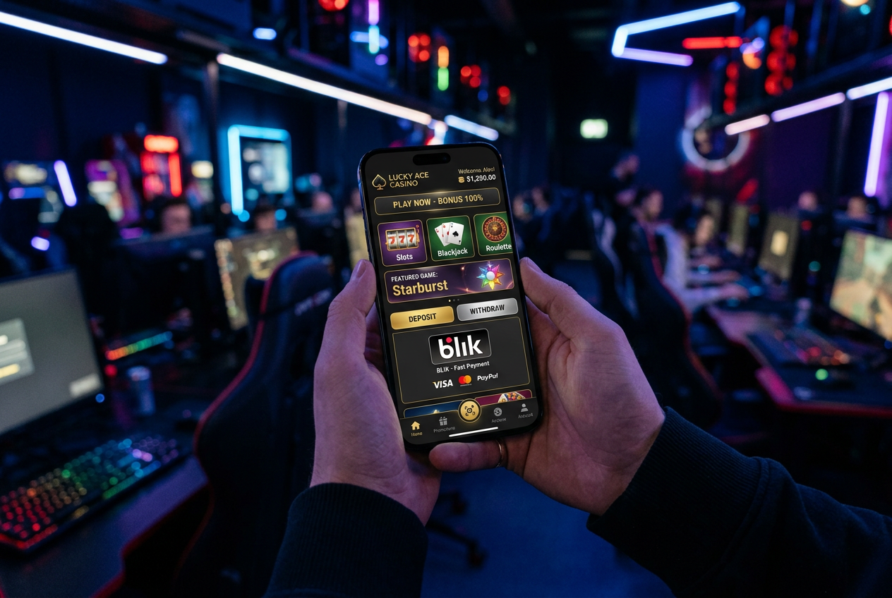 Smartfon z aplikacją kasyna online i logo płatności BLIK.